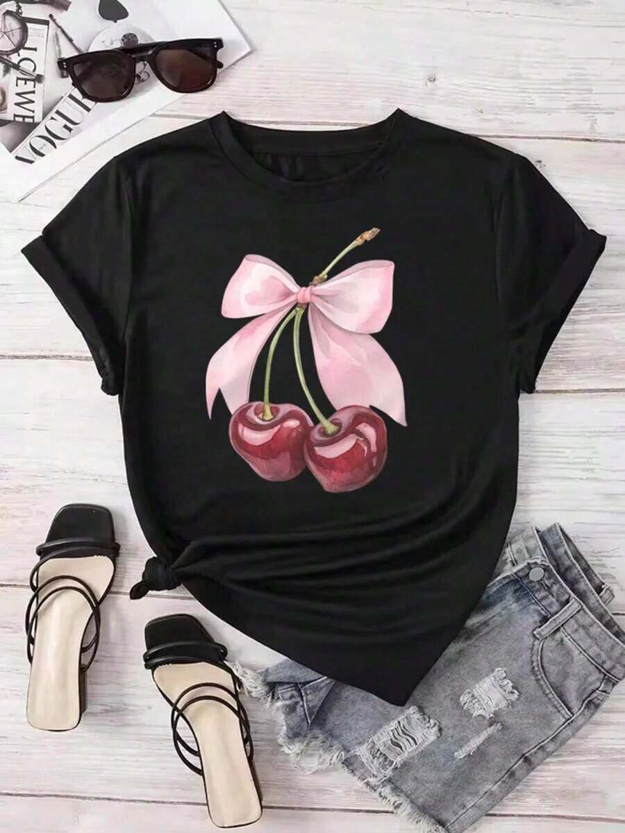 Camiseta de Mujer con Estampado de Cerezas, Manga Corta, Cuello Redondo, Estilo Casual para Primavera y Verano, Ropa de Mujer, Camisetas, El Mejor Regalo, Camiseta Estampada de Manga Corta - Negro 1 - Ver 1
