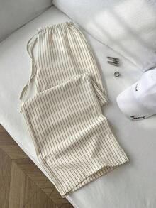 1 pieza Pantalones casuales de mujer a rayas amarillas, tela de burbujas arrugada, cintura súper baja con cordón, pantalones rectos de ajuste relajado, casual y romántico - Amarillo - Ver 1