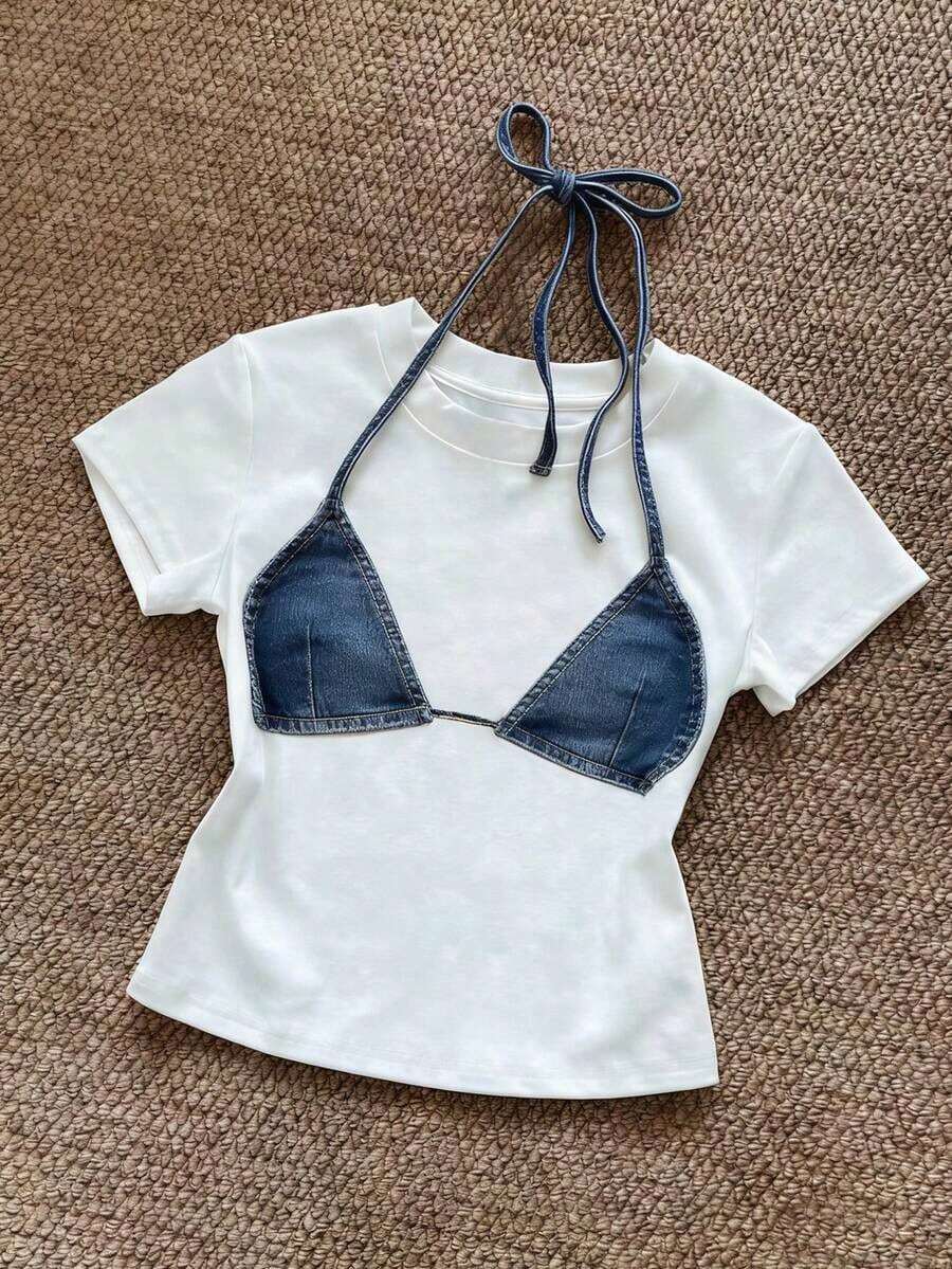 Camiseta de manga corta de cuello redondo ajustada con estampado de leopardo - Blanco 2 - Ver 1