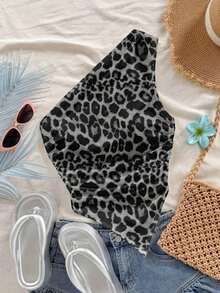 Top de bandeau asimétrico con estampado de leopardo y nudo, estilo playero, adecuado para el verano y la playa - Gris Oscuro - Ver 9