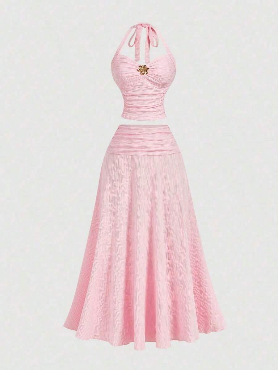 Set de 2 piezas de top halter y minifalda de jacquard para mujer, conjunto de falda y top blanco, ropa de otoño para mujer, atuendo para fiesta, boda, salida, conjunto elegante de mujer, conjunto chic de mujer, ropa de campo para mujer - Rosa 3 - Ver 1