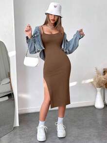 Vestido de espalda abierta de muslo con abertura - Marrón Mocha - Ver 3