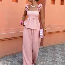 Conjunto de dos piezas con top tubo con volantes y pantalones - Versátil para uso casual/oficina/vacaciones (primavera y verano, tallas regulares) - Rosa - Ver 6