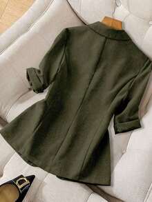 Chaqueta delgada de traje casual con bolsillo en la solapa y dobladillo de manga para mujer - Verde Oliva - Ver 2