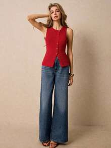 Camiseta sin mangas casual de cuello redondo y de un solo abotonadura para mujer - Rosa Roja - Ver 5