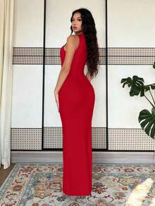 Vestido largo de mujer de vestido de escote con estampado de teñido anudado, vestido de verano largo, vestido largo verde maxi para outfit de mujer - Rojo fuego - Ver 2