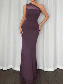 Vestido maxi ajustado de estilo elegante y romántico, con cuello asimétrico, adecuado para fiestas, vacaciones en la playa, vuelta al colegio, citas románticas, temporada de bodas, cumpleaños, Pascua, primavera/verano - Púrpura polvoriento - Ver 3