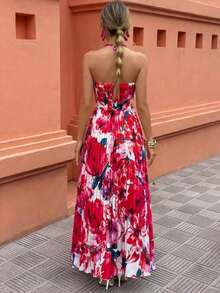 Vestido con estampado de lunares, plisado y recogido en la cintura, sin tirantes - Rojo - Ver 2