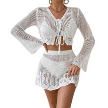 New Beach Bikini Set Vacation Hollow Out Two-Piece Sexy Sunscreen Knit Cover-Up - White - View 4
