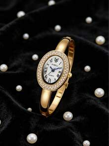 GUANQIN Relógio feminino vintage de luxo, tamanho pequeno, dourado, com mostrador oval cravejado de strass. Design minimalista, elegante e à prova d'água, em aço inoxidável com mecanismo de quartzo. Ideal para uso diário, aniversários, Halloween, Natal, Dia das Mães, volta às aulas, aniversários de estudantes, feriados, Dia dos Namorados, encontros, ocasiões profissionais, festivais de música e casamentos. - Ouro - Ver 2