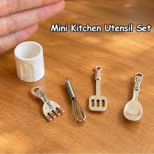 Set Penyimpanan Peralatan Dapur Miniatur - Dekorasi Dapur Rumah Boneka Skala 1:12 - Sendok, Garpu, Spatula, & Pengocok Miniatur dari Logam - Perlengkapan Fotografi Miniatur - Set dapur mini lima bagian - View 6