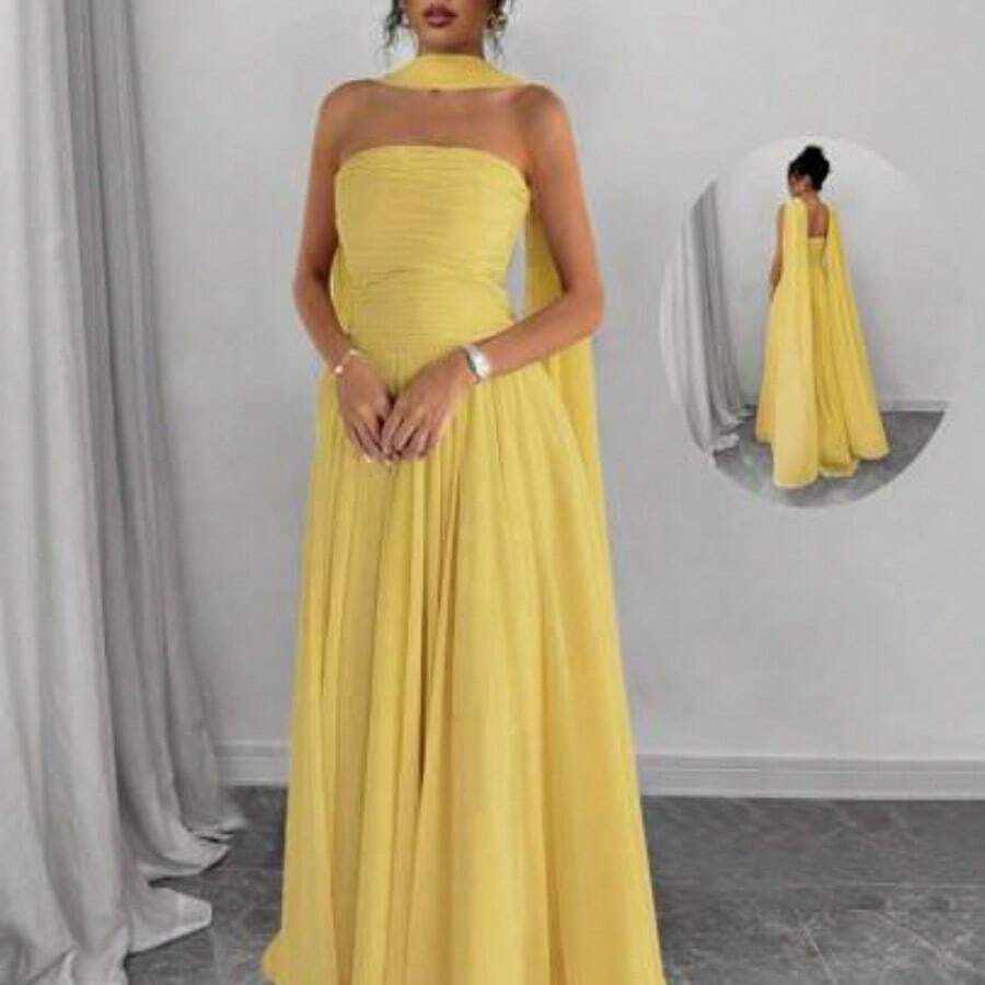 1pc Women Solid Color Halter Dress With Pleated Detail, Elegant Sleeveless Long Dress Maxi Women Outfit - Amarillo - Ver 1