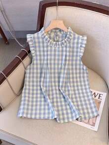 Camisas para mujer sencillas de uso casual/oficina con cuello con volantes, para primavera/verano - Azul y blanco - Ver 1
