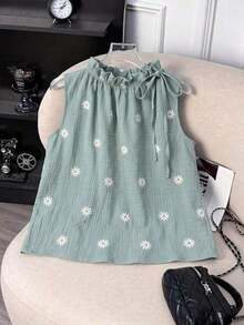Blusa sin mangas con estampado floral diminuto y cuello con volantes, casual de verano para mujer - Verde - Ver 2