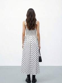 Vestido casual y elegante de mujer con cuello cuadrado sin mangas, a lunares en blanco y negro, silueta ajustada, adecuado para el trabajo o citas, falda larga en línea A, apropiado para verano y primavera, vestido elegante para fiestas, ropa exterior, vestido de vacaciones, vestido a lunares - Blanco y Negro - Ver 7