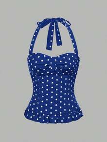 Avant Conjunto de camiseta sin espalda con cuello halter de estilo romántico de vacaciones con lunares y cuadros para mujer - Azul - Ver 4