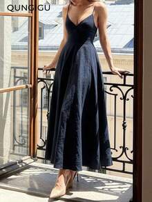 Vestido midi elegante de mujer con cuello en V, vestido de tirantes de mezcla de lino con corte evasé y espalda descubierta, adecuado para vacaciones, playa, boda, fiesta de cóctel - Azul marino - Ver 8