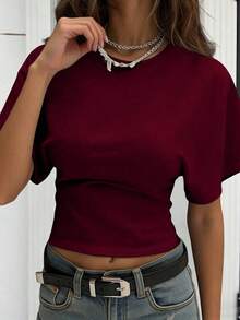 Camiseta blanca casual de mujer de cuello redondo y manga corta, holgada - Burdeos - Ver 2