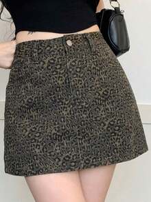 Falda vaquera casual con botones delanteros y bolsillos con estampado de leopardo - Marrón 2 - Ver 9
