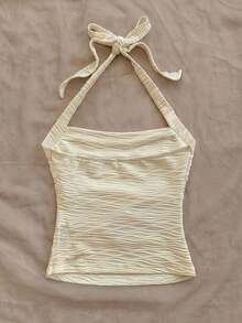 Parte superior corta ajustada con cuello de halter casual para vacaciones de mujer, verano de mujer, sin espalda, ropa de vacaciones de mujer, lunares, primavera de mujer, verano, parte superior para salir de mujer, vacaciones de mujer - Albaricoque - Ver 2
