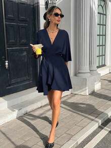 Vestido mini envolvente de unicolor con cuello en V para mujer - Azul marino - Ver 5