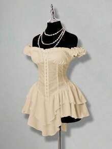 Vestido corto de gasa con volantes en el hombro, cintura fruncida y estampado jacquard para mujer, elegante para fiestas y uso casual - Beis - Ver 3