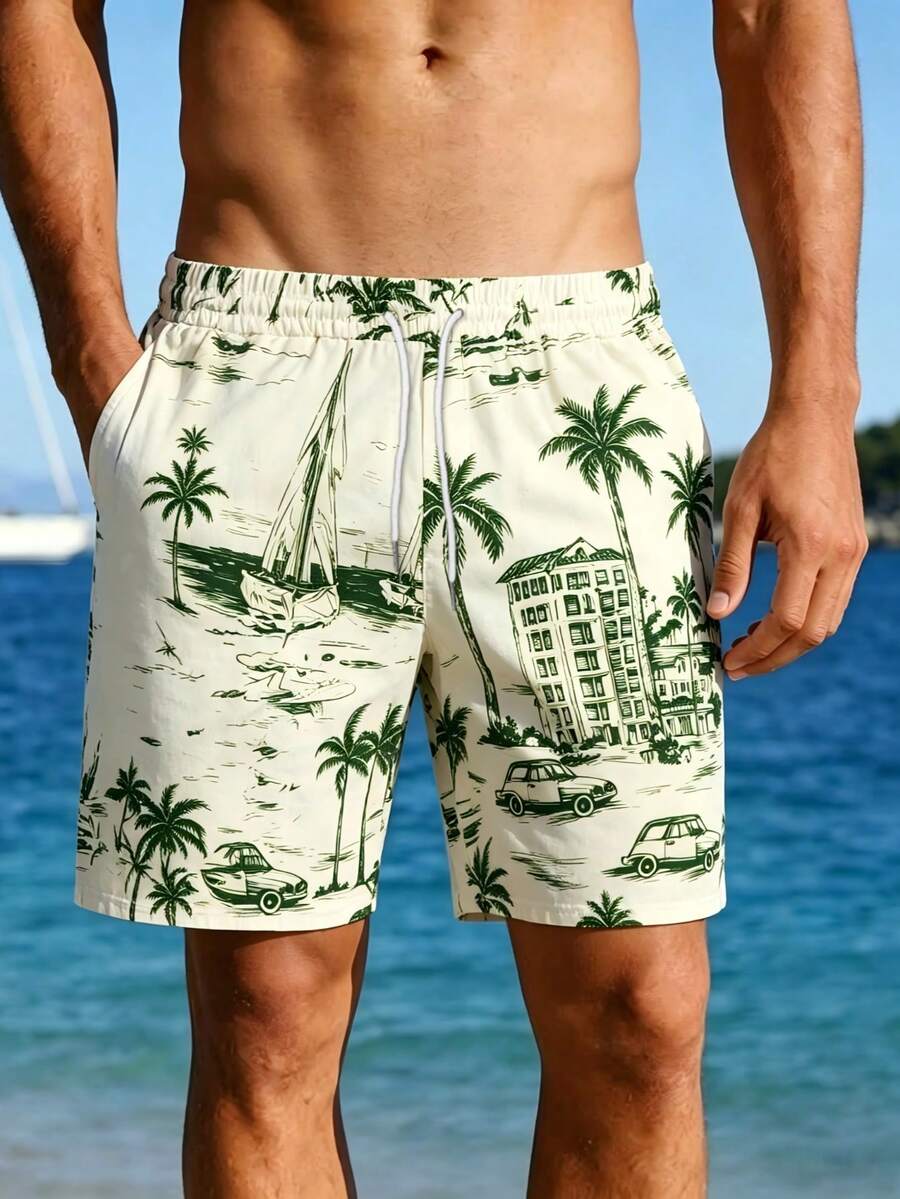 Shorts de playa con cordón ajustable en la cintura para hombres, bañadores de verano - Beis - Ver 1