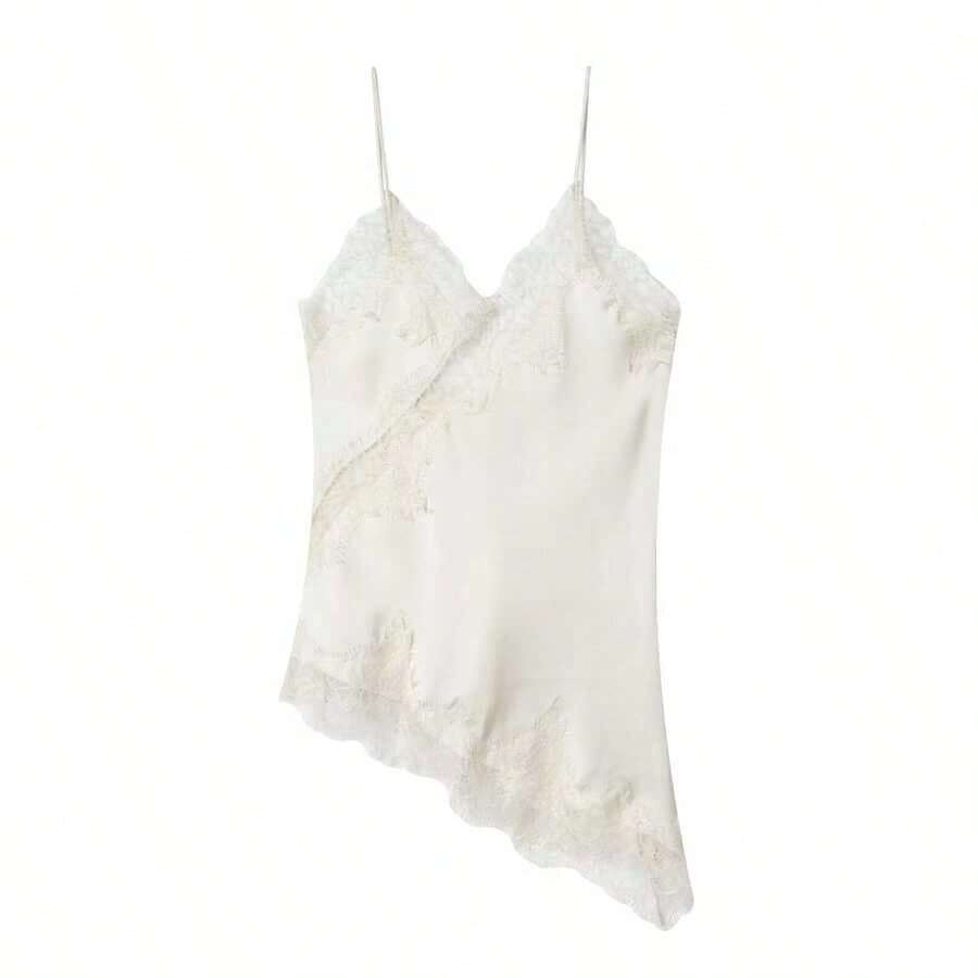 Seelio Nuevo Top de estilo lencería sexy con decoración de encaje, estilo europeo y americano, para mujer, color negro, para verano - Beis - Ver 1