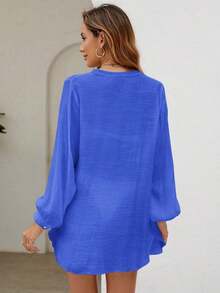 Holidaya Kimono unicolor con botón delantero - azul real - Ver 2