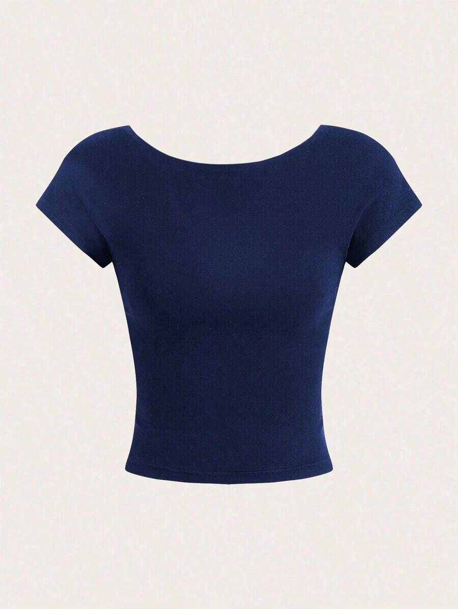 Camiseta casual de mujer de cuello de pico, manga corta y ajustada, versátil - Azul marino - Ver 1