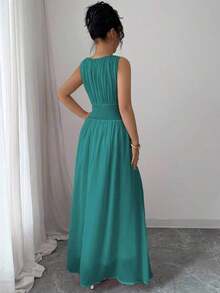 Vestido maxi casual, romántico, vintage y elegante de gasa para mujer con cordón en la cintura, para la playa, el té de la tarde, fiestas de noche, uso diario, sin mangas, de unicolor, vestido largo, primavera/verano - Agua verde azul - Ver 2