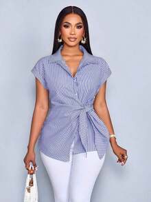 Camisa con botones y estampado de rayas para mujer, blusa casual y elegante con lazo delantero con estampado de rayas - azul real - Ver 4