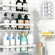 5-Piece Bathroom Shelf Set, Wall-Mounted Storage Rack, Vanity Organizer For Shower Gel, Shampoo, No Drilling Required, Large Capacity Bathroom Storage Solution - White - View 5