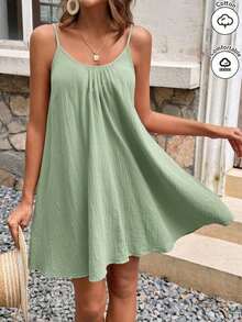 Vestido de verano de algodón de unicolor con tirantes finos tipo musculosa, estilo vacacional para mujer - verde menta - Ver 2