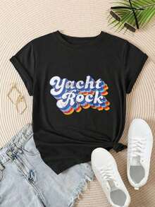 Camiseta Casual de Mujer con Estampado de Ondas Coloridas de Yacht Rock, Adecuada para Todas las Temporadas  
 Blanco. Adecuado para primavera, verano y otoño. - Negro - Ver 2