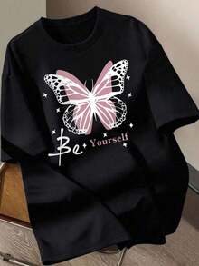 Mexican Basic Vintage Women's Short Sleeve T-Shirt With Round Neck And Butterfly Print, Casual And Versatile Style For Vacation, Suitable For Daily Wear And Fashionable Summer In Black. Fashion New Launch - 黑色 - 查看 5
