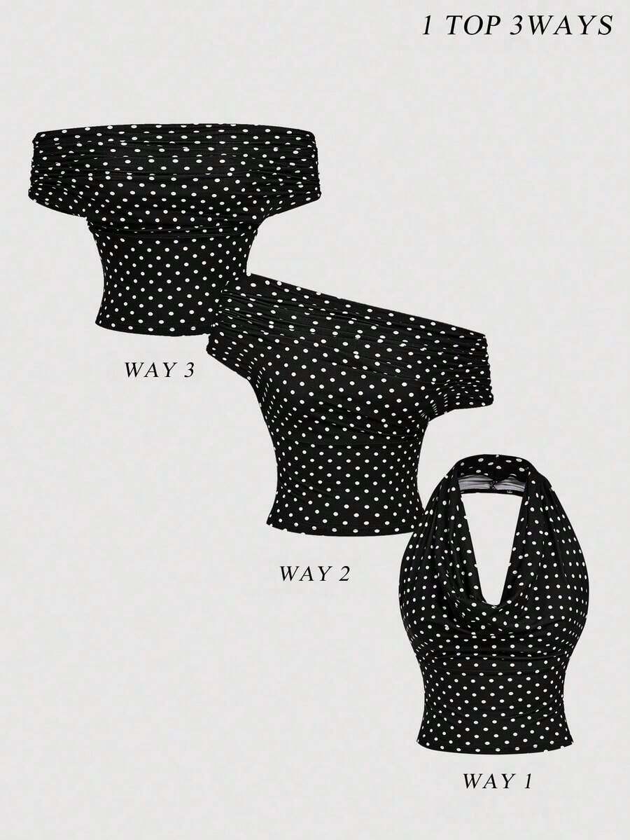 Blusa elegante de mujer con lunares y malla versátil, ideal para vacaciones de verano - Negro - Ver 1