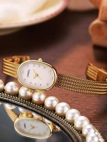 LIANDU LIANDU Conjunto de relojes para mujer para el Día de la Madre, reloj de cuarzo con esfera numérica minimalista y pulsera, adecuado para uso diario, regalo de cumpleaños, vuelta al colegio, Acción de Gracias, parejas, mejor regalo - Dorado - Ver 3