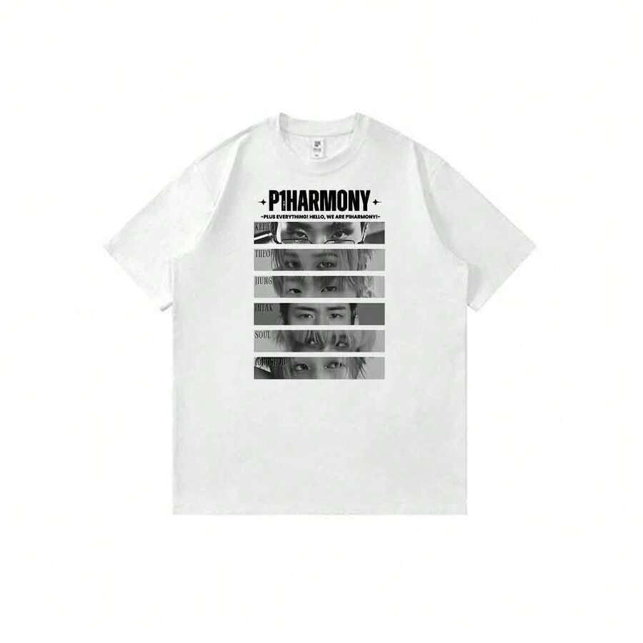 Camiseta unisex de manga corta informal de corte holgado con estampado de dibujos animados de anime vintage de P1harmony-Eyes-Fan-Art de los 90. - Blanco - Ver 1