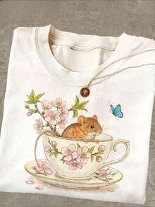 Camiseta Estilo Pastoral con Ratón, Camiseta Retro con Flor de Cerezo y Taza de Té, Ropa de Estilo Hada, Camisetas Originales con Animales, Camisetas Bonitas y Estéticas para Mujer 2026 - Camiseta Unisex de Algodón de Manga Corta y Cuello Redondo, Estilo Vintage Urbano, Blusas para Mujer. blusas.blusas casuales para dama. - Blanco - Ver 8