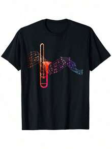 Men's Short-Sleeve T-Shirt With Trombone And Sheet Music Design - Casual Short-Sleeve 100% Cotton T-Shirt With Vibrant Geometric Design, Comfortable For All Seasons, Machine Washable, Sizes S-XXXL, Clothing For Music Lovers. | Geometric Pattern T-Shirt | 100% Pure Cotton T-Shirt, 100% Cotton Music T-Shirt, Women's T-Shirt, Casual 100% Cotton. - 黑色 - 查看 4