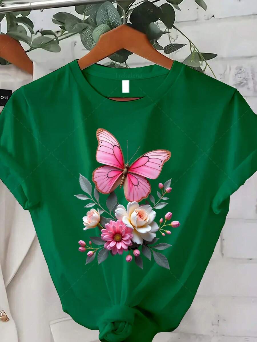 Ropa clásica de talla grande para mujer, camiseta con estampado de mariposas rosas - top casual de manga corta y cuello redondo, adecuada para primavera, verano y otoño, con patrones florales y de alas aleatorios, lavable a máquina, un hermoso regalo para Navidad, Acción de Gracias y Año Nuevo (Éxito de ). - Verde - Ver 1