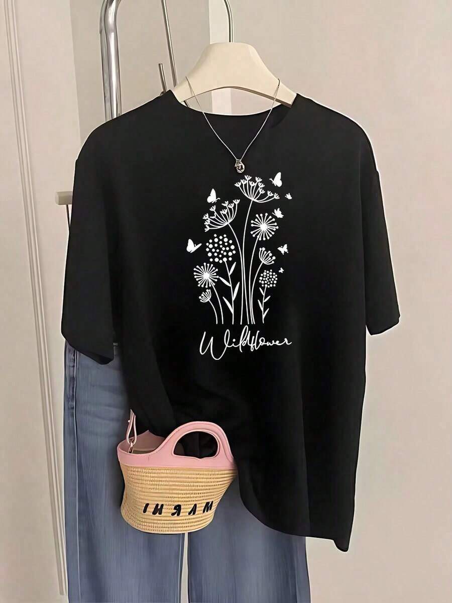 Plus Size Short Sleeve T-Shirts For Women, Ideal For Summer And Everyday Wear, Basic T-Shirts, New 2026 Women's T-Shirt With Wildflower, Butterfly And Plant Prints, Casual Printed Top, Perfect For Summer Fashion, Gifts, Parties And Everyday Wear, Breathable And Comfortable. - 黑色 - 查看 1