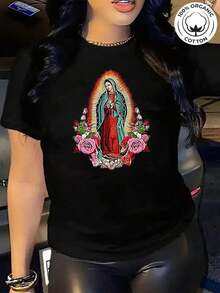 SummerBlusas de una pieza extra grandes para mujer, hermosas blusas para mujer, conjuntos de ropa para mujer, tienda local, y camiseta blanca de la Virgen de Guadalupe, estampado religioso, alta calidad, cuello redondo, corte holgado básico, para hombre y mujer, transpirable, versátil, lavable a máquina, cómoda, tallas S-2XL, para uso diario, casual, deportivo, esencial para el verano. 100% Algodón. Camiseta de manga corta para mujer, estilo básico que combina con todo, para uso interior y exterior. - Negro - Ver 1