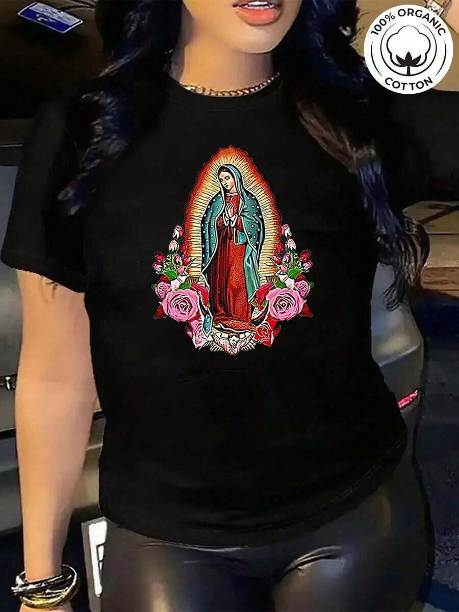 SummerBlusas de una pieza extra grandes para mujer, hermosas blusas para mujer, conjuntos de ropa para mujer, tienda local, y camiseta blanca de la Virgen de Guadalupe, estampado religioso, alta calidad, cuello redondo, corte holgado básico, para hombre y mujer, transpirable, versátil, lavable a máquina, cómoda, tallas S-2XL, para uso diario, casual, deportivo, esencial para el verano. 100% Algodón. Camiseta de manga corta para mujer, estilo básico que combina con todo, para uso interior y exterior. - Negro - Ver 1