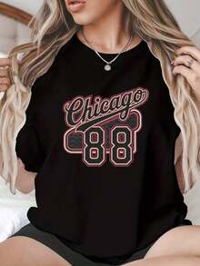 Camisetas Casuales Premium Unisex Bonitas Tallas Grandes - Tallas Grandes - Camiseta Estampada de Talla Grande para Mujer CHICAGO 88, Top Casual de Manga Corta con Cuello Redondo, Adecuada para Primavera y Otoño, Ropa de Talla Grande a la Moda. Camisas Casuales para Hombres y Mujeres, Estilo Bonito con Calidad Premium y Gran Textura - Negro - Ver 2