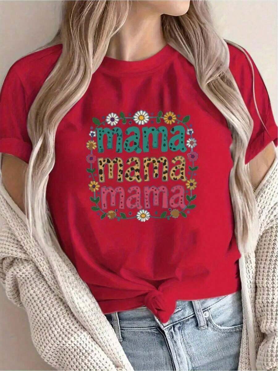 [New Recommendation] Women's Casual Love Letter Print T-Shirt For Mother's Day, Vacation Style, Short Sleeve, Round Neck, Spring And Summer, Machine Washable, New Women's Clothing, Versatile And Fashionable, Size S - [紅色的] - 查看 1