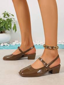 Zapatos Mary Jane de metal con espejo dorado claro para mujer, adecuados para ir al trabajo en primavera, citas, fiestas, vacaciones, sandalias planas con cordones sencillos; Nuevas sandalias de tacón alto de unicolor con cristales de moda de alta gama para citas, tallas grandes para mujeres - Marrón - Ver 6