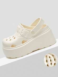 9cm Platform Women's Summer Outdoor Slip-On Sandals, Thick Sole Closed Toe Beach Slides, Solid Color Garden Shoes - White - View 5