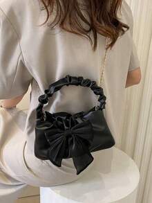 Bolsa Crescente na Moda com Pregas, Lenço de Seda e Decoração de Laço para Mulheres, Bolsa Pequena Casual com Alça de Corrente de Metal, Bolsa de Ombro ou Transversal em Formato de Nuvem, Presente Perfeito para o Dia dos Namorados, Melhor Opção de Presente de Dia dos Namorados, Bolsa com Laço na Moda para Mulheres, Presentes de Dia dos Namorados - Preto - Visão 10